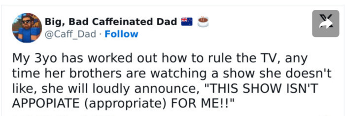 4. Round of applause for this 3-year-old. She’s learnt how to call the shots on TV shows