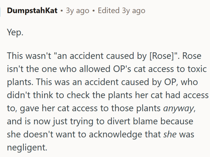 "Rose isn't the one who allowed OP's cat access to toxic plants."