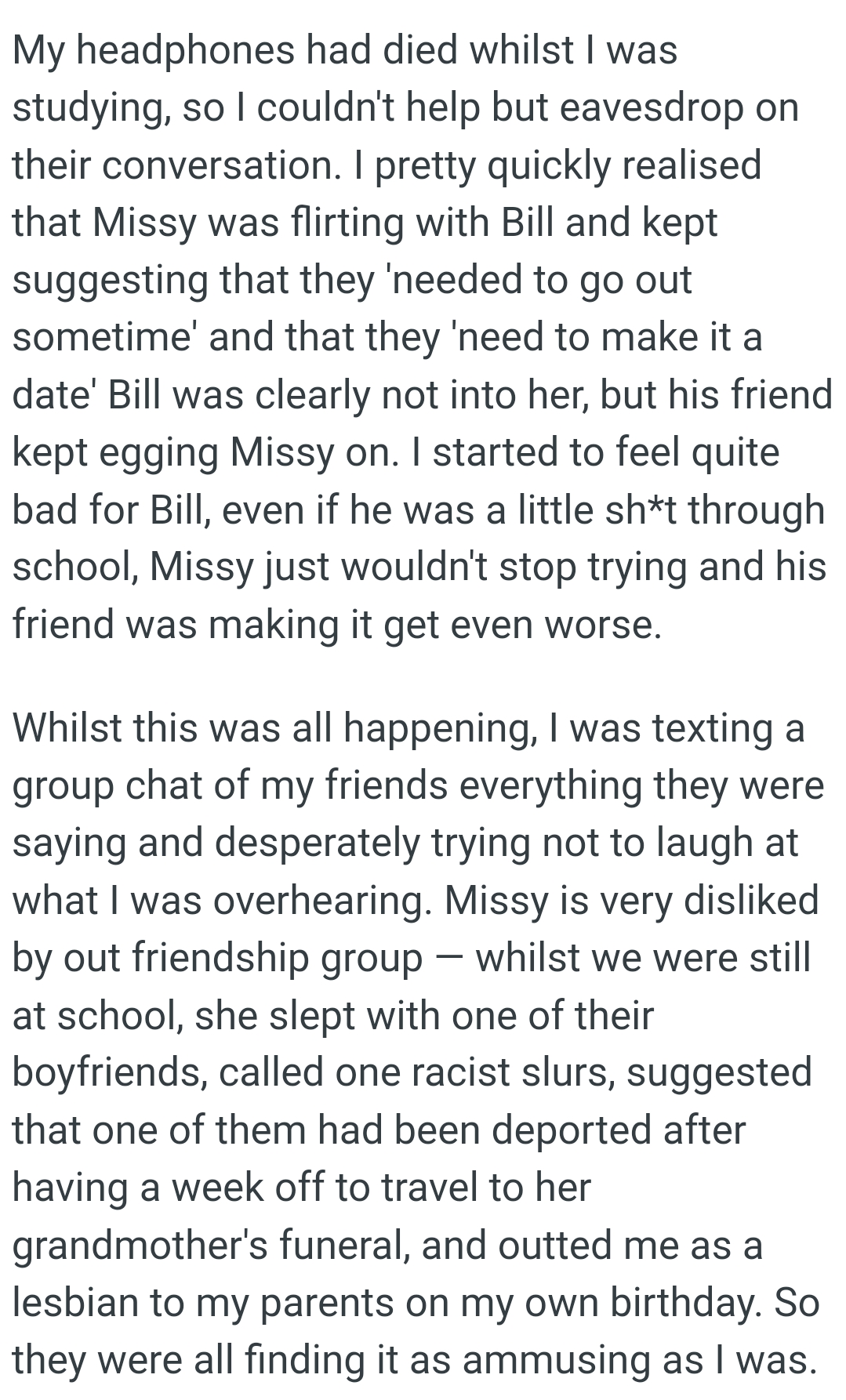 Missy is disliked by the OP's friendship group