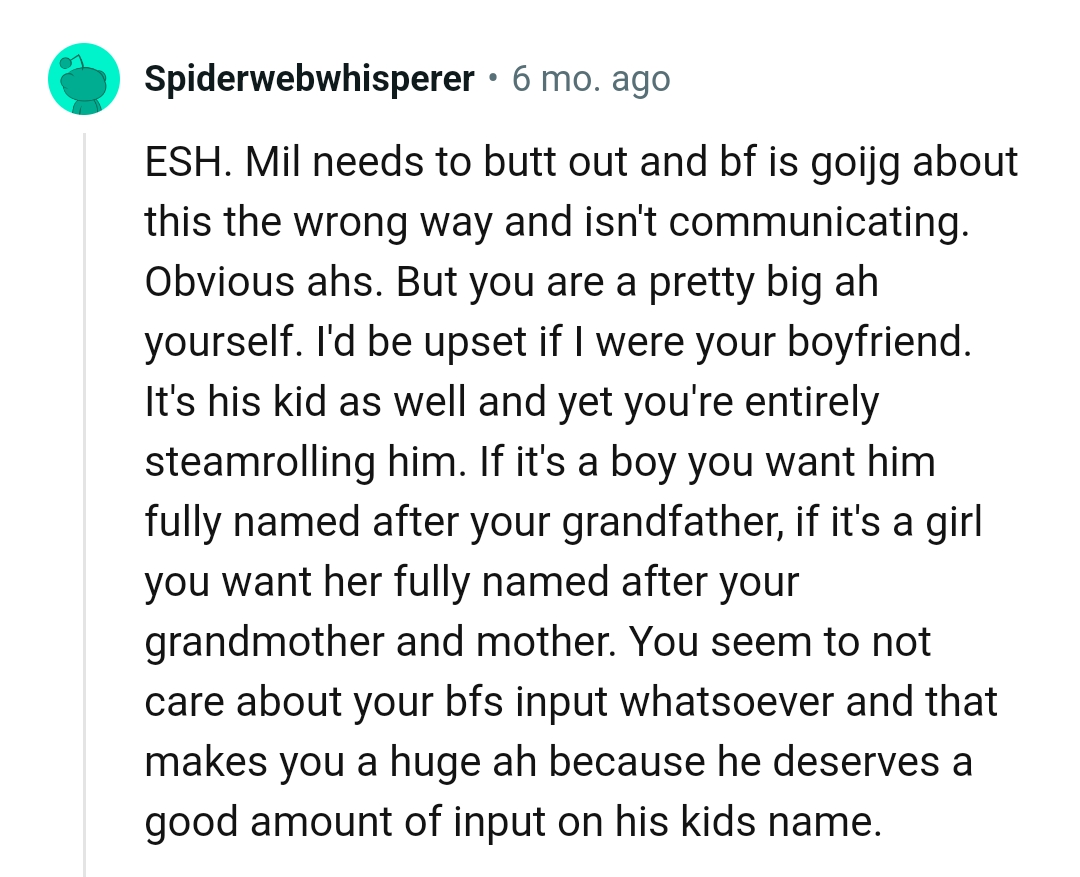 OP doesn't care about her partner's input