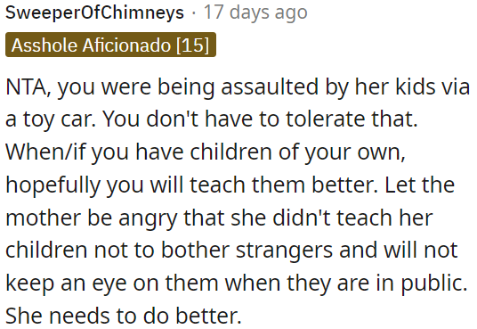 The mother should be accountable for not teaching her kids to respect strangers and for not supervising them in public.