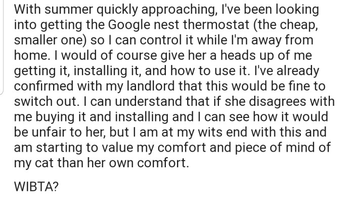 With summer approaching, OP decided to get a thermostat to prevent their roommate from turning off the AC