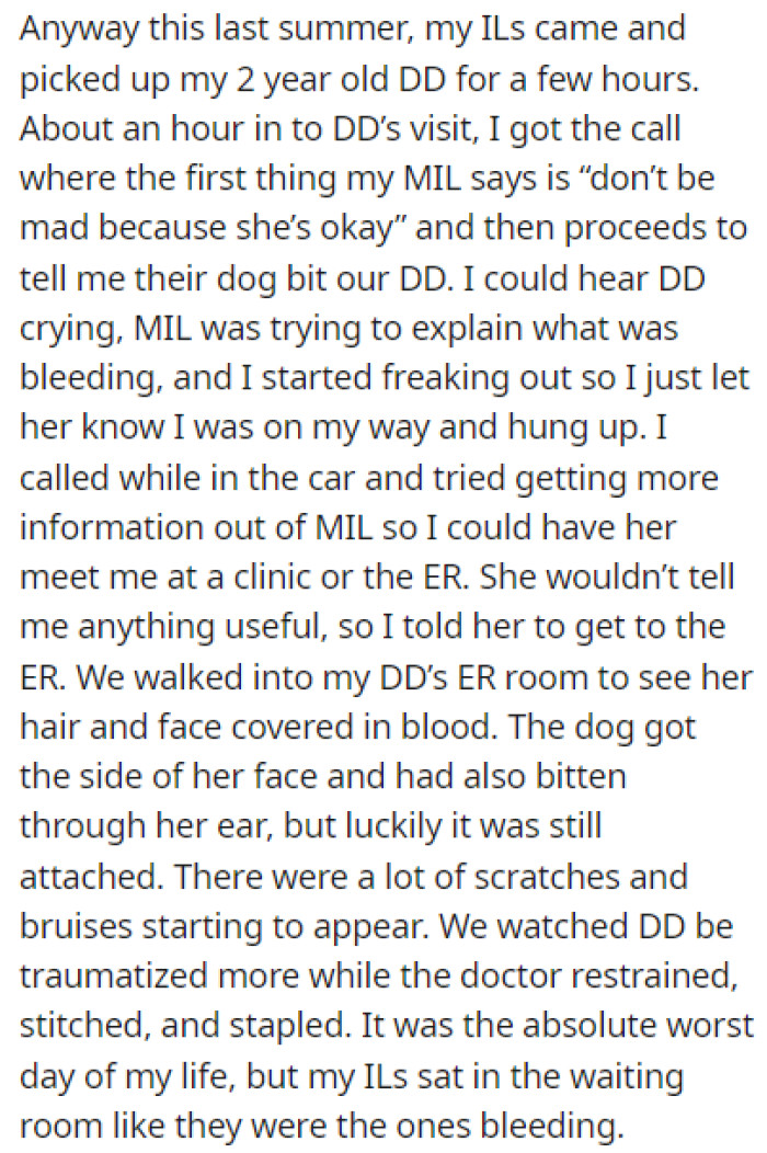 OP's in-laws were watching their 2-year-old daughter, DD, when the incident occurred