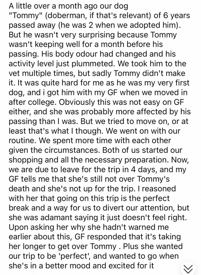 Her girlfriend wasn't able to move on from the death of their dog.