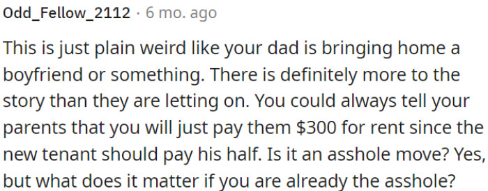 OP should suggest a decrease in rent and request that her parents take responsibility for covering the rent for their guest.