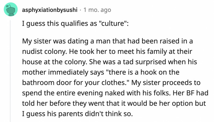 19. Nakedness was not optional. Her boyfriend's parents will at least know she had nothing to hide.
