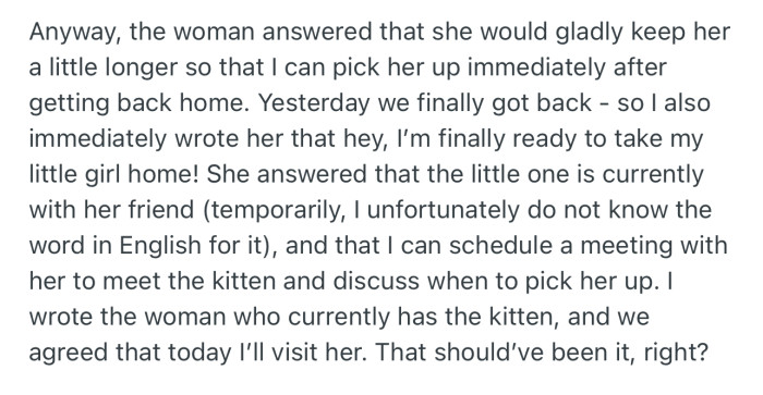 OP wrote to the woman handling the cat adoption, informing her that she would be coming over to pick up the cat at their agreed-upon time