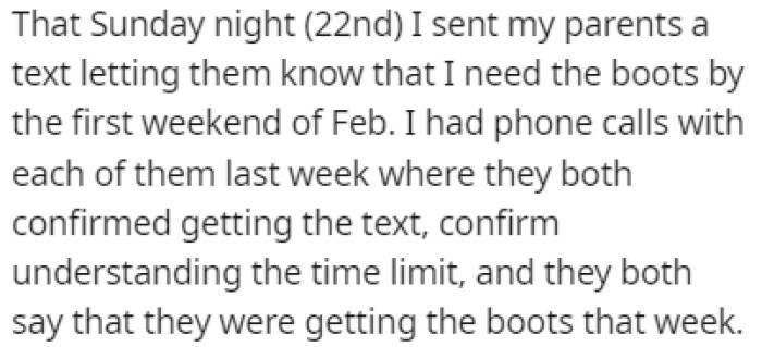 OP told their parents that they needed the boots soon