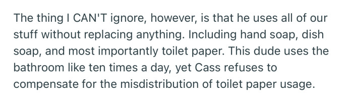 Cass’s boyfriend has a habit of using up their toiletries without either of them replacing