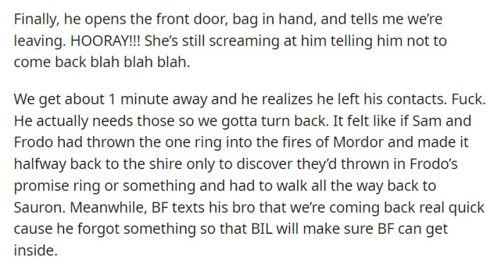 They leave as JC continues yelling, but the boyfriend realizes he forgot his contacts, so they turn back, and he texts his brother for a smooth re-entry.