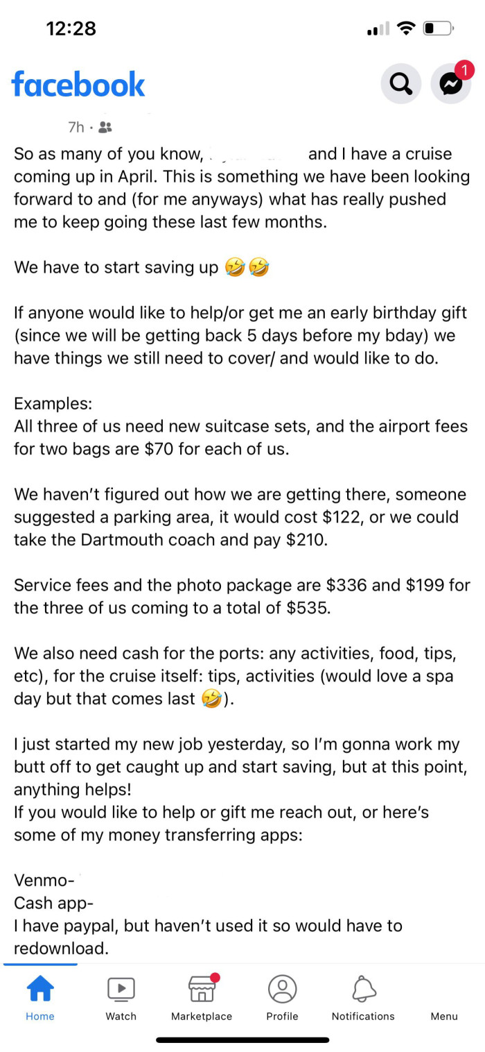 The OP stressed that they also needed money to pay for food, activities, and gratuity for the duration of the cruise