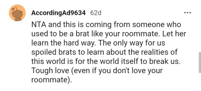 This Redditor is of the opinion that the OP's roommate should learn the hard way