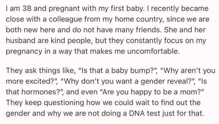 The couple had a habit of focusing on her pregnancy and making uncomfortable comments