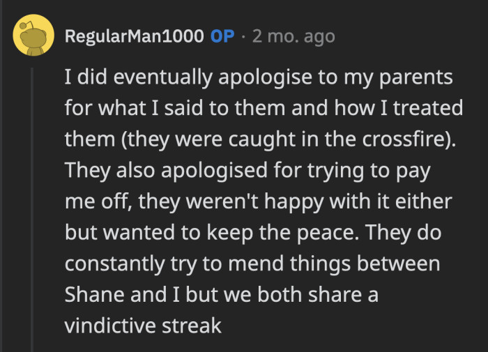 OP did apologize to their parents, who he later realized were simply caught in the crossfire.