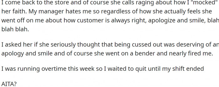 After returning to the store, the church lady called, raging about how OP had 