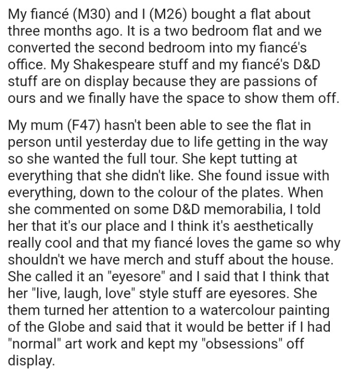 OP's mom kept tutting at everything she didn't like and found issues with everything, down to the color of the plates