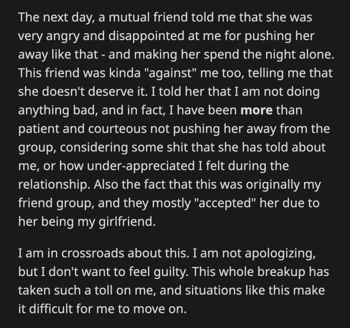 OP doesn't think he did anything wrong and refuses to apologize. Their current non-friendship is complicating his plans to move on.