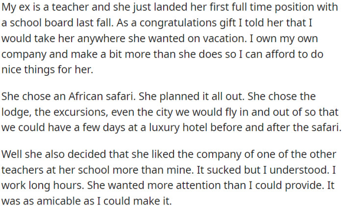 OP had been arranging a safari trip with his girlfriend, but she chose to spend time with another person instead.