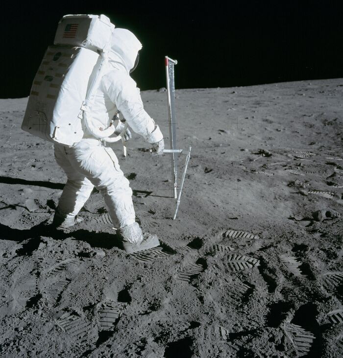 "Astronaut Edwin Aldrin Takes A Core-Tube Sample"