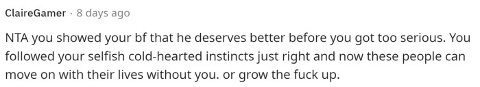 This person stated that she is not the antagonist but that she revealed her true colors to her boyfriend by behaving the way she did.