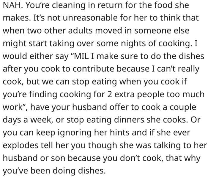 2. She should consider not eating the food her mother-in-law cooks.