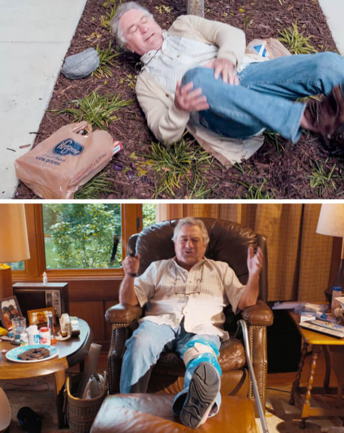 14. Robert De Niro’s character in “The War with Grandpa” grabbed his right knee after falling. But look! His left knee was bandaged afterward.