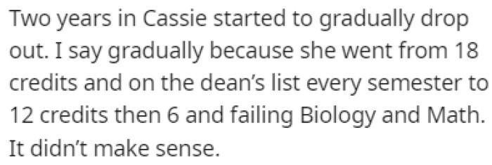 After Two Years in College, Cassie Started to Decline Academically