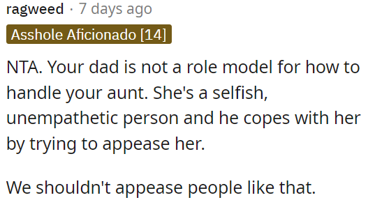 OP's dad's approach to dealing with OP's aunt isn't a good example to follow.