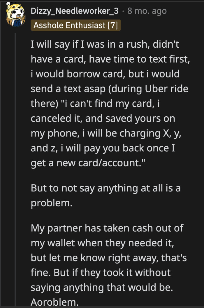 OP could have spent a few seconds to let her husband know about her plans to borrow money from him