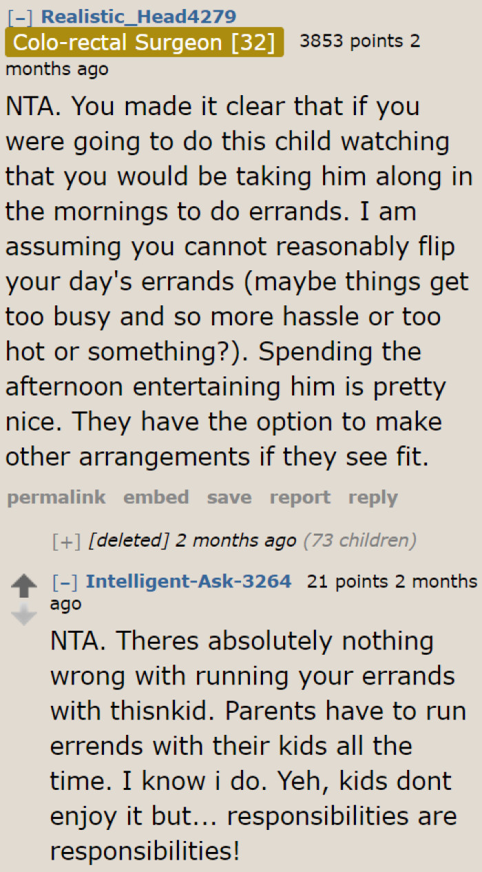 Redditors don't have any issues with the OP running errands while on babysitting duty.