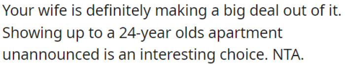 OP's wife is overreacting by visiting a 24-year-old's apartment unannounced.