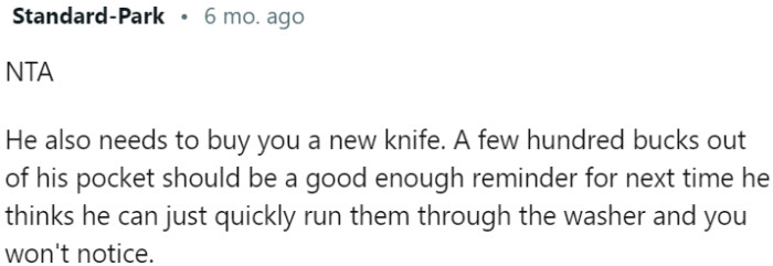 Suggesting that the boyfriend should purchase a replacement knife as a reminder of the consequences of his actions