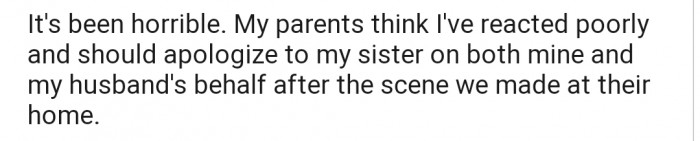 Now OP's parents are demanding that she apologize for the scene that she and her husband caused at their home.