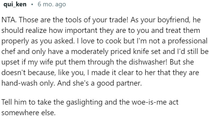 The boyfriend's disregard for the chef's knife collection, despite clear instructions