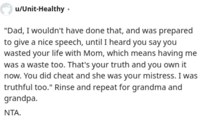 OP supports her mother in response to her father's unfaithfulness.