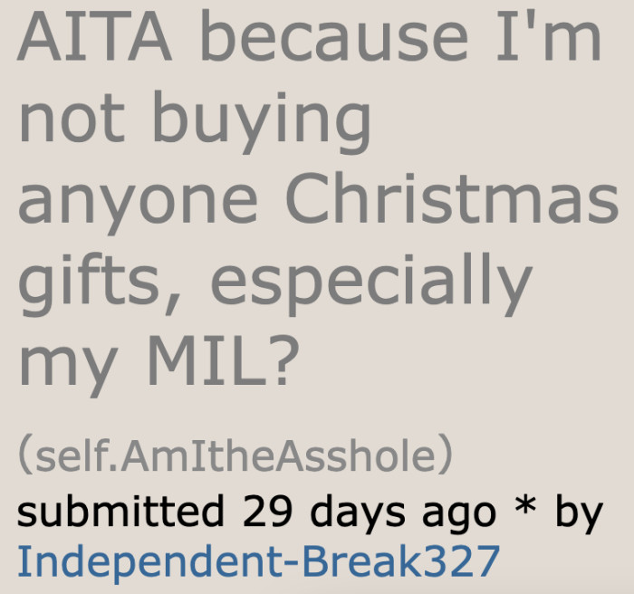 The original poster (OP) decided she'd give out Christmas hampers to people, but her FMIL isn't too happy about the gift.
