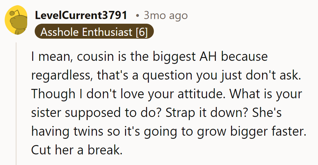 Cousin wins the AH award for that question. Should sis strap it down? Twins don't play fair. Cut her some slack!