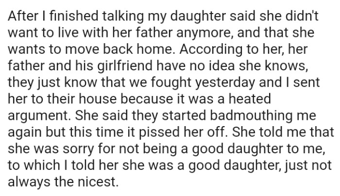 The OP's daughter said she's sorry for not being a good daughter
