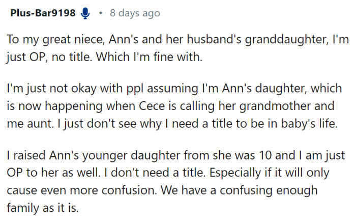 OP doesn't see why she needs a title to be in baby's life.