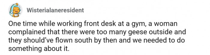 25. Gym goer thought the employees were the ones to handle wild geese outside