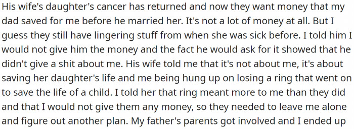 Later, OP's father asked her for some of the money he had saved for her before he married his wife.