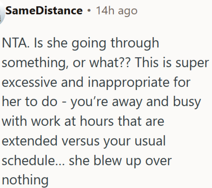 Her reaction to her partner's work trip was way over the line