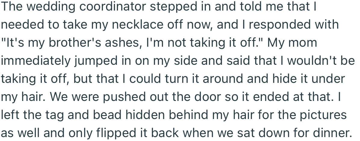 OP Succeeded in Keeping Her Necklace On, but Had to Hide It Underneath Her Hair During the Wedding Photo Shoot