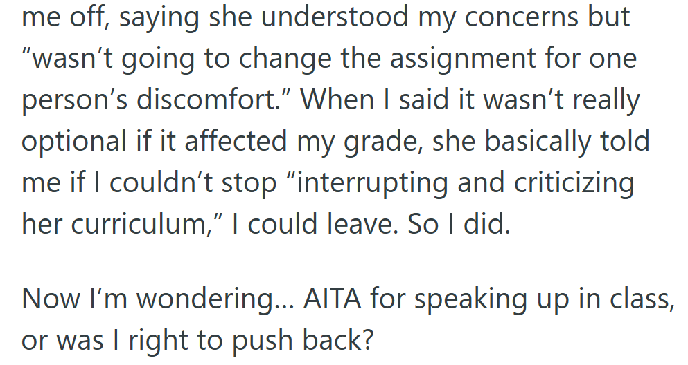The professor dismissed her concerns as “one person’s discomfort,” leading to a tense walkout.