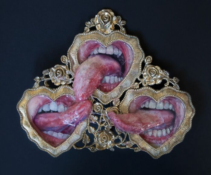 "Oil on panel, clay, and resin in vintage frame."