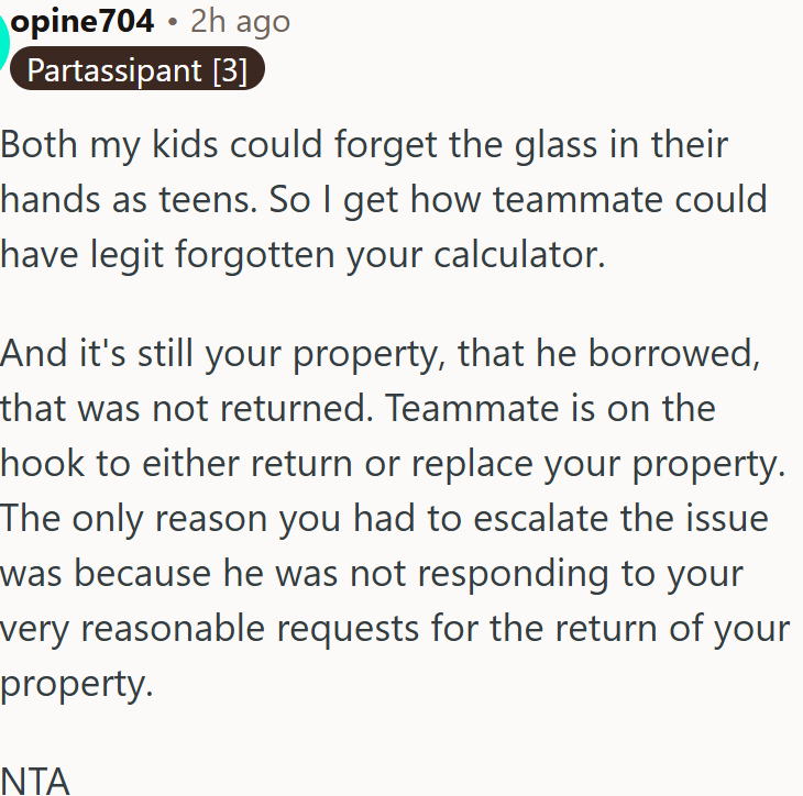 The teammate is on the hook to either return or replace the OP property.