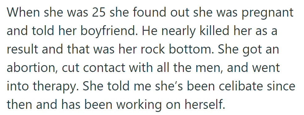 At 25, she faced violence from her ex-boyfriend over her pregnancy, leading to an abortion, therapy, celibacy, and self-growth.