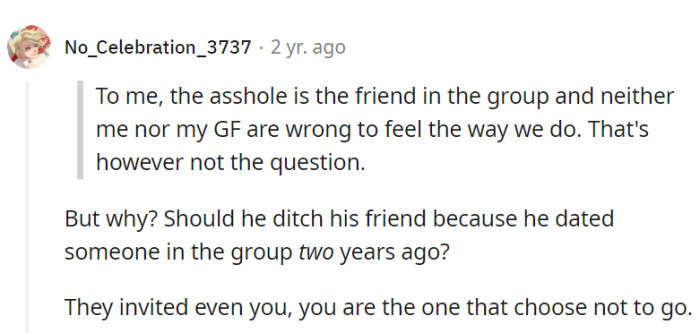 The friend's likely the troublemaker, stirring discomfort for both.