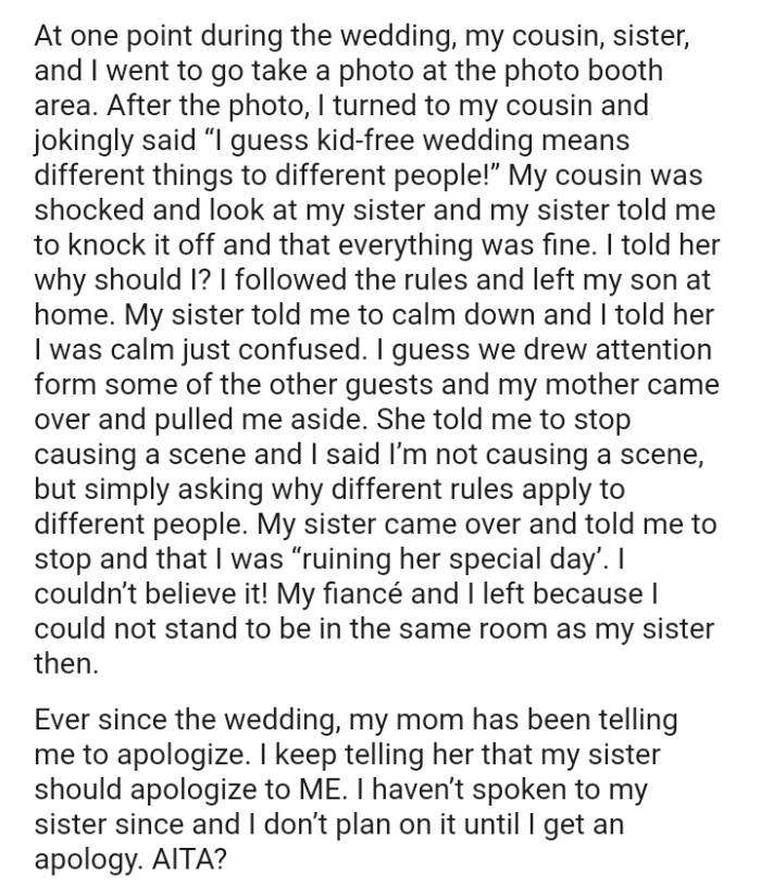 The OP's sister came over and told her to stop and that she was ruining her special day