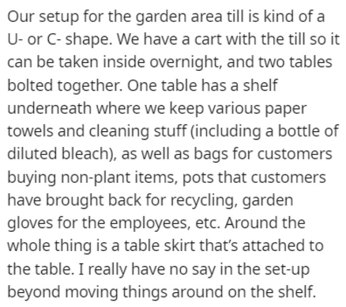 One of the tables in the store has a bottle of diluted bleach which the son noticed